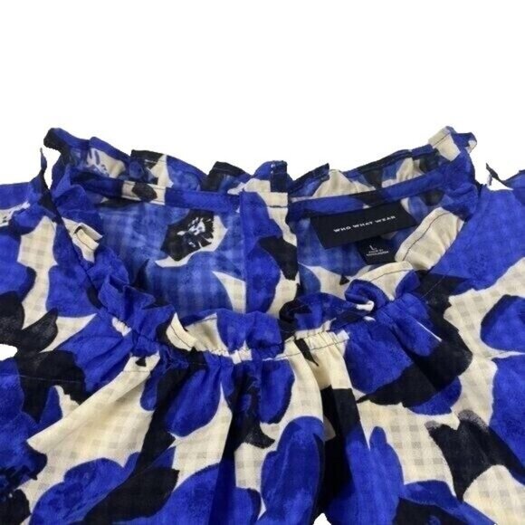 Womens L Ruffle Floral A-Line Blouse Tie Short Sleeve Button Back Who What Wear - Picture 2 of 14